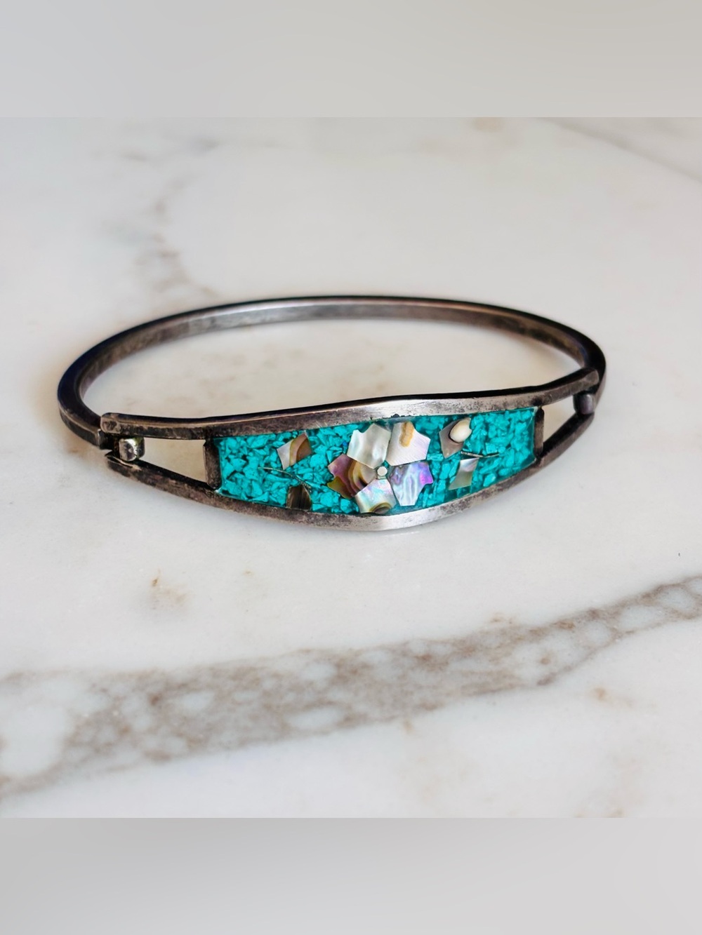 Vintage Mexican Alpaca Turquoise Inlay Silver Tone Women Bangle Bracelet Size 7”